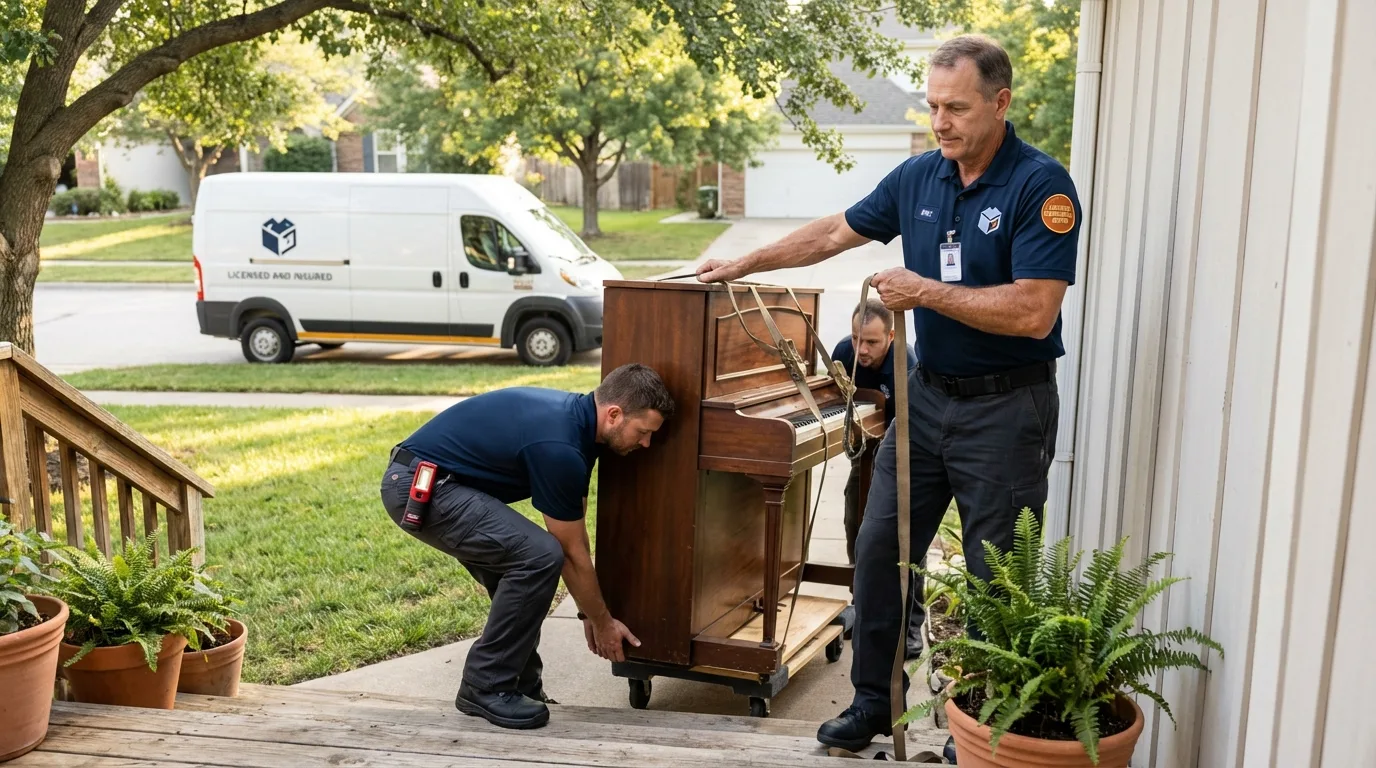 Licensed piano movers securing grand piano in Palos Heights, IL