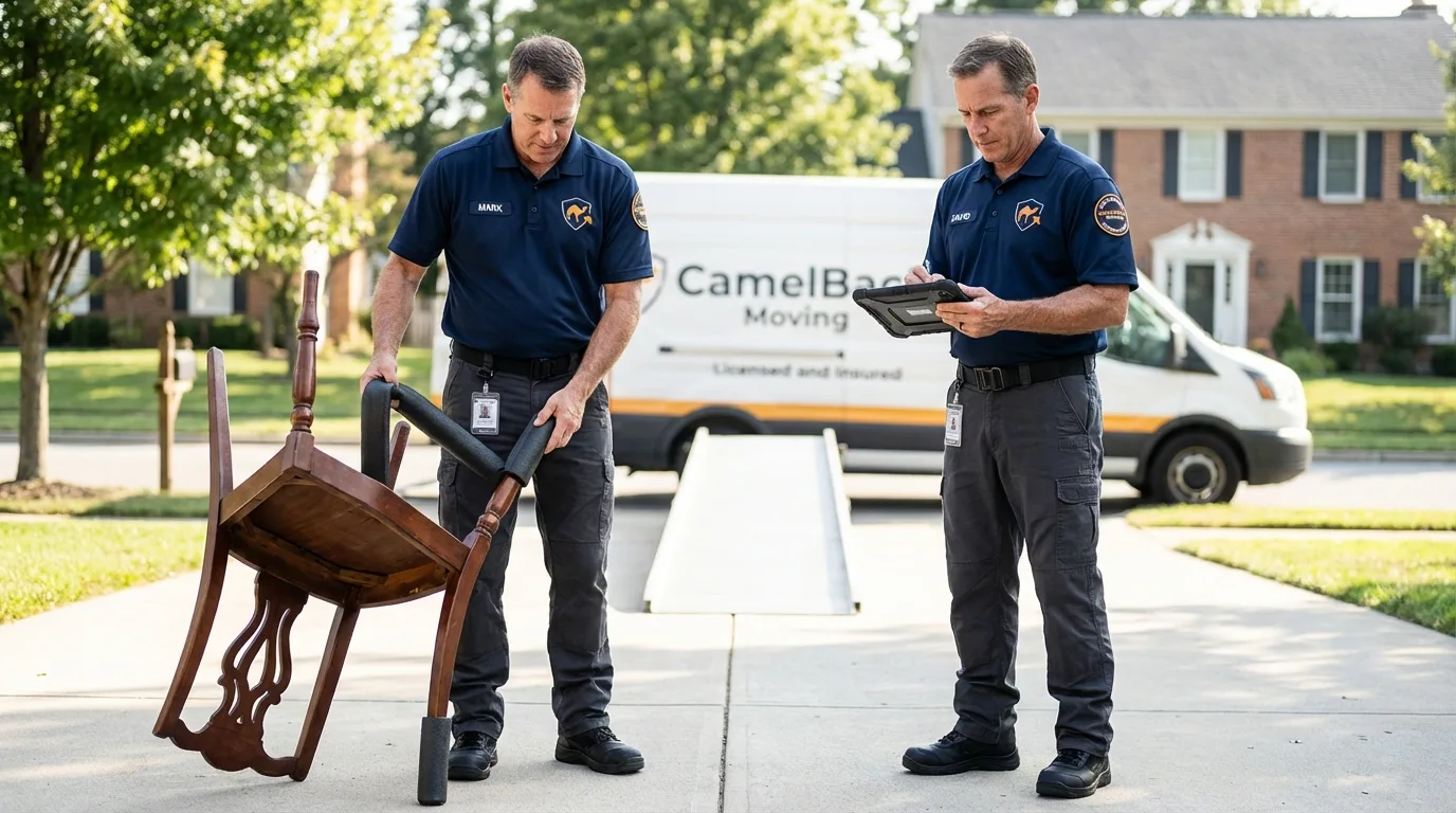 Movers inspecting furniture for damage prevention before loading in Palos Heights, IL
