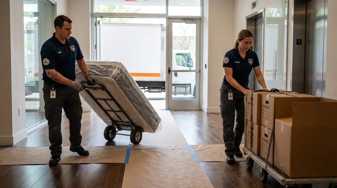 Professional apartment movers loading elevator in Palos Heights, IL