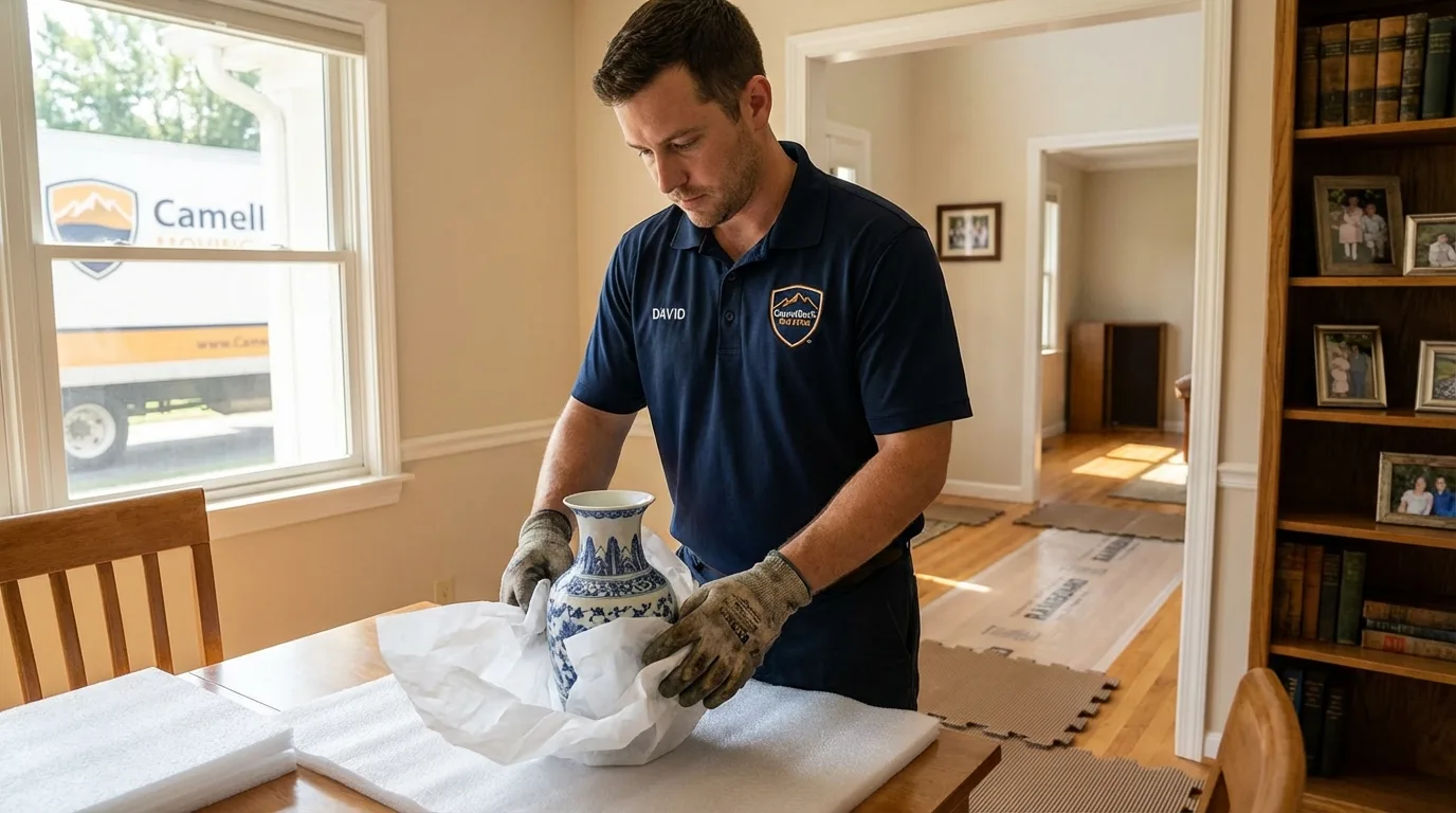 Professional crew carefully wrapping antique vase for senior downsizing move in Palos Heights, IL